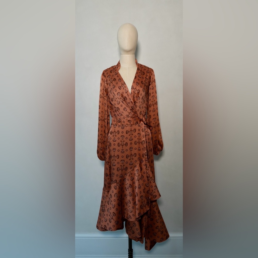 Johanna Ortiz Rust Printed Long-Sleeve Wrap Dress